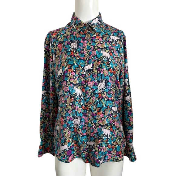 J. Crew Collection Grazing Goats 100% Silk Floral Button-Up Shirt Sz 6 Midsommar - Picture 5 of 10